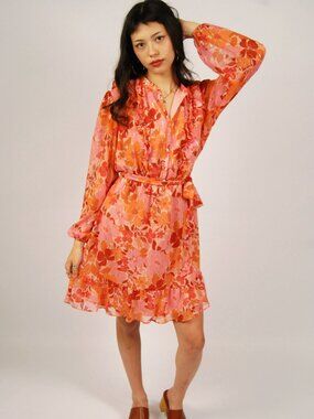 Y2K Floral Blouson Dress (XS) orange pink vintage Lauren Conrad sheath preppy